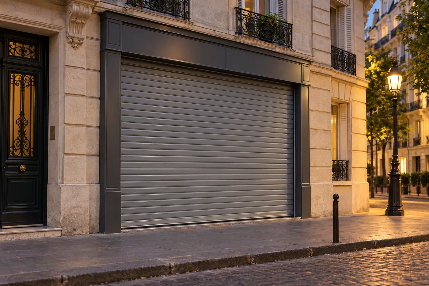 Rideau métallique fermé d'une boutique en pied d'immeuble parisien, en fin de journée